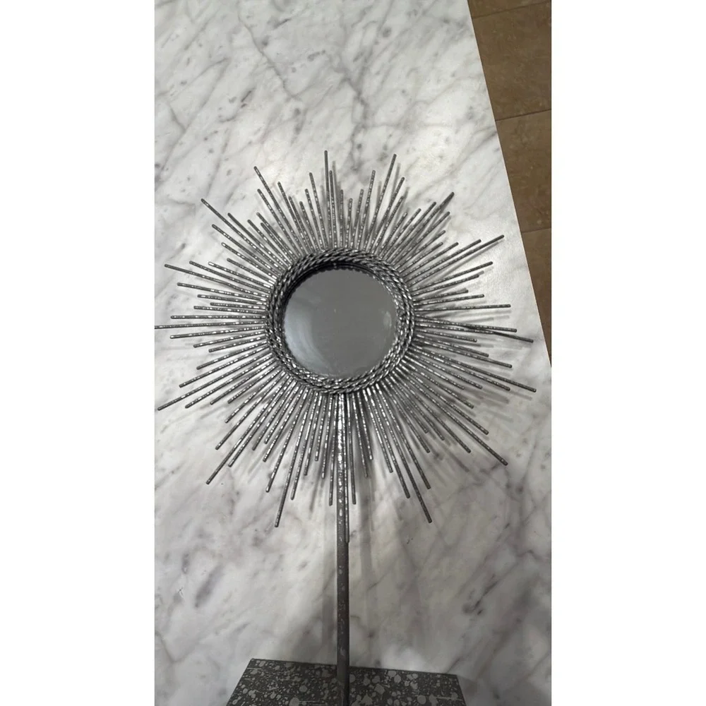 Silver Sunburst Pedestal Mirror Tabletop Decor Mid Century Modern Style